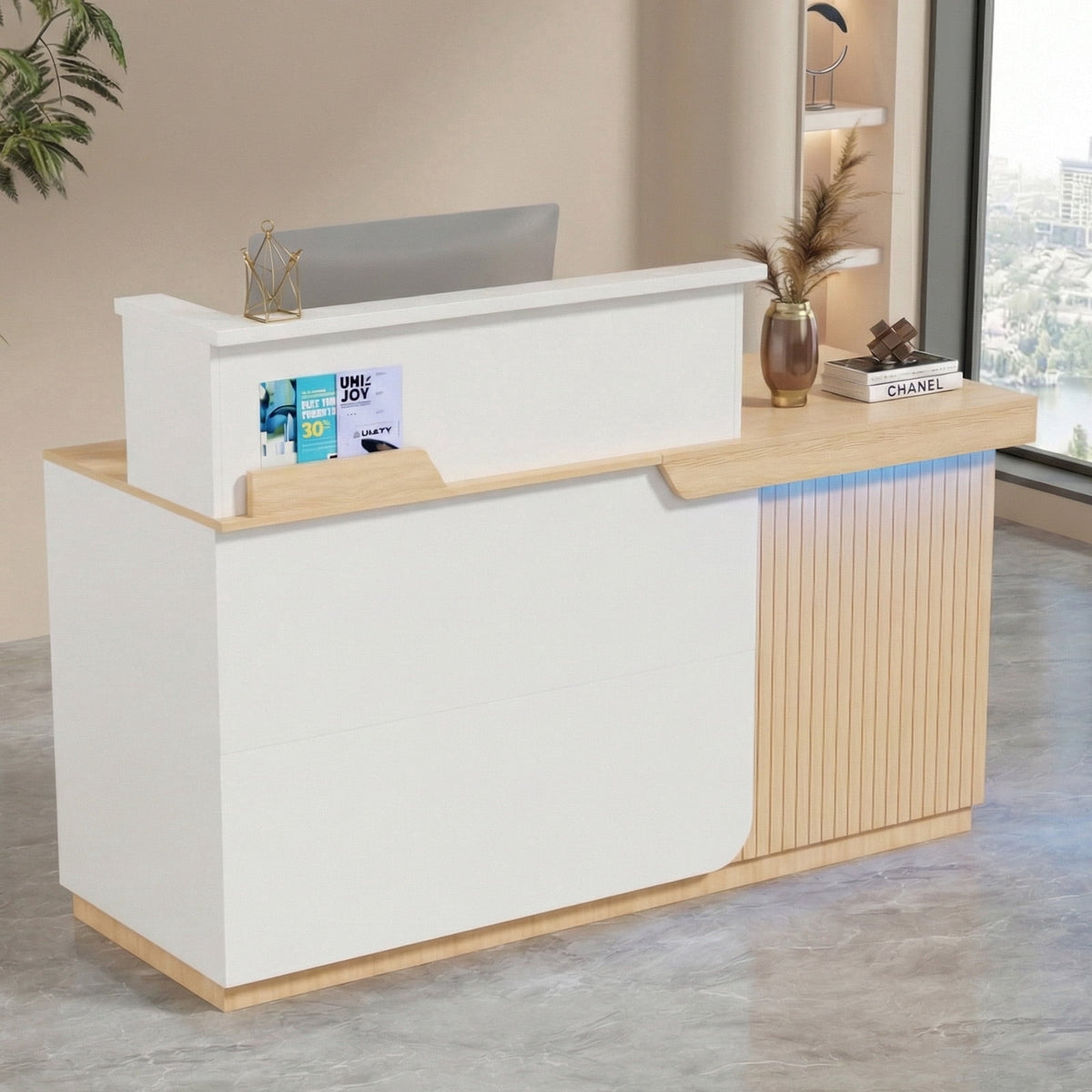 Advwin Modern Reception Desk with LED Light, 63" Fluted Front Desk with Lockable Drawer, Cabinet & Sliding Tray, Large Reception Counter Table for Office Lobby Nail Salon Clinic, White+Light Wood