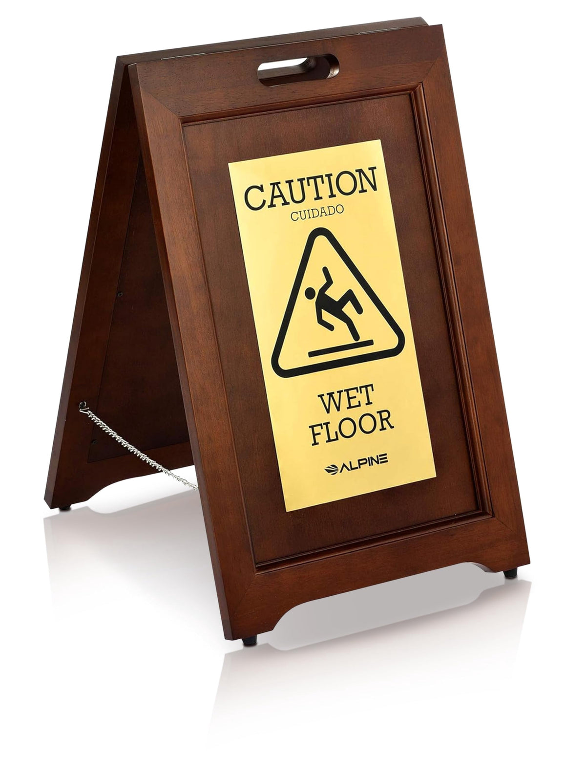 Alpine 2-Sided Wooden Brass Plated Wet Floor Sign - A-Frame Warning Notice - Double Sided Fold Out Bilingual Floor Safety Alert Ideal for High End Commercial Use