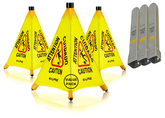 Alpine Caution Wet Floor Sign 3 Pack - Pop Up Slippery When Wet Sign, Wall Mounted Foldable Bilingual Yellow Safety Warning Cone for Commercial & Office Use (20 Inches)