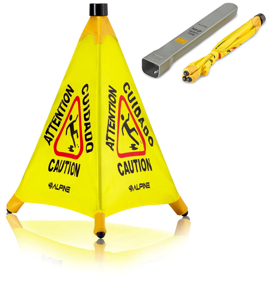 Alpine Caution Wet Floor Sign - Pop Up Slippery When Wet Sign, Wall Mounted Foldable Bilingual Yellow Safety Warning Cone For Commercial & Office Use (20 Inches)