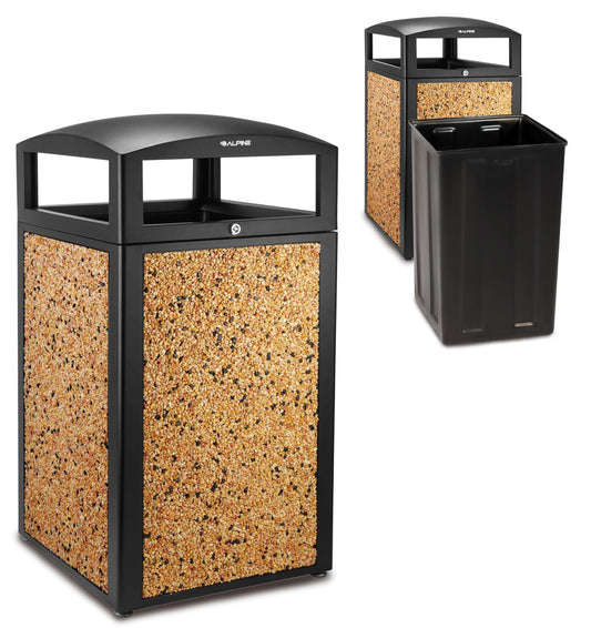 Alpine Indoor & Outdoor Commercial Trash Can with Lid - 40 Gallon Heavy Duty Metal Garbage Can with Removable Bin, Locking Lid, Perfect for Patio, Deck, Office, Mall Black, Brown Stone Panels