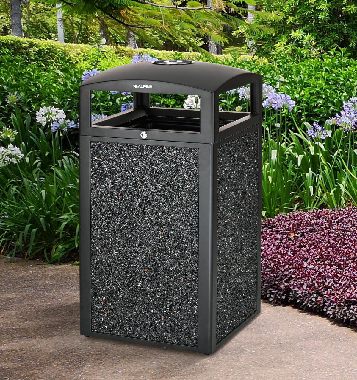 Alpine Outdoor Commercial Trash Can with Lid - 40 Gallon Heavy Duty Metal Garbage Can with Removable Bin, Locking Lid, Perfect for Patio, Pool, Deck, Mall Black, Grey Stone Panels (Tray)