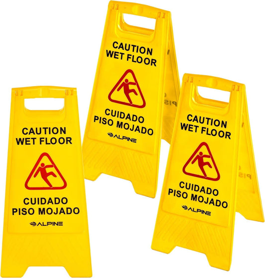 Alpine Wet Floor Signs 3 Pack - 24 Inch Caution Wet Floor Sign - Bilingual Safety Warning Sign to Easily Avoid Slippery Accidents in High Traffic Areas