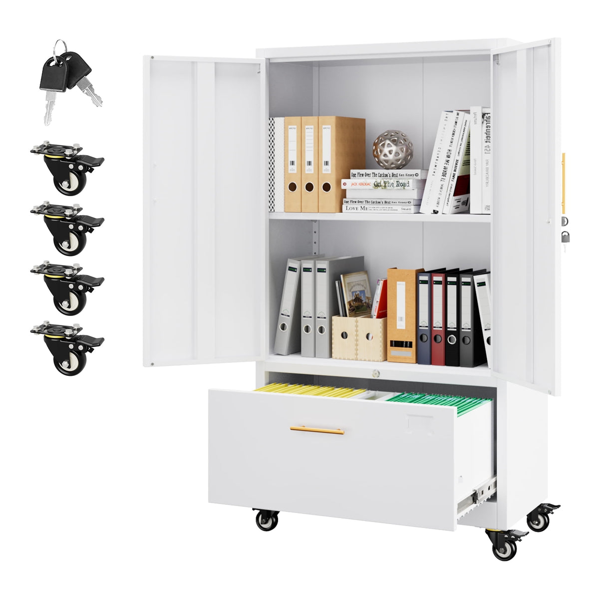 Aobabo 3 Drawer Metal Lateral File Cabinet with Wheels & Shelf , Wide Filing Cabinet with Lock for Office,Home,School,Garage,Fit A4/Letter/Legal File,Required-Assembly,Black