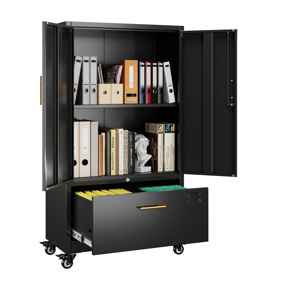 Aobabo 3 Drawer Metal Lateral File Cabinet with Wheels & Shelf , Wide Filing Cabinet with Lock for Office,Home,School,Garage,Fit A4/Letter/Legal File,Required-Assembly,Black