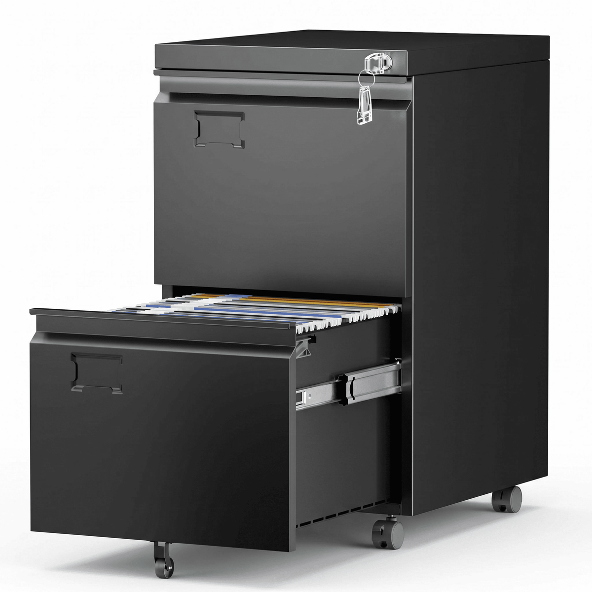 Aobabo 3 Drawer Metal Lateral File Cabinet with Wheels & Shelf , Wide Filing Cabinet with Lock for Office,Home,School,Garage,Fit A4/Letter/Legal File,Required-Assembly,Black