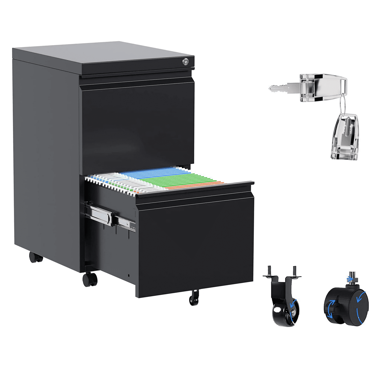 Aobabo 3 Drawer Metal Lateral File Cabinet with Wheels & Shelf , Wide Filing Cabinet with Lock for Office,Home,School,Garage,Fit A4/Letter/Legal File,Required-Assembly,Black