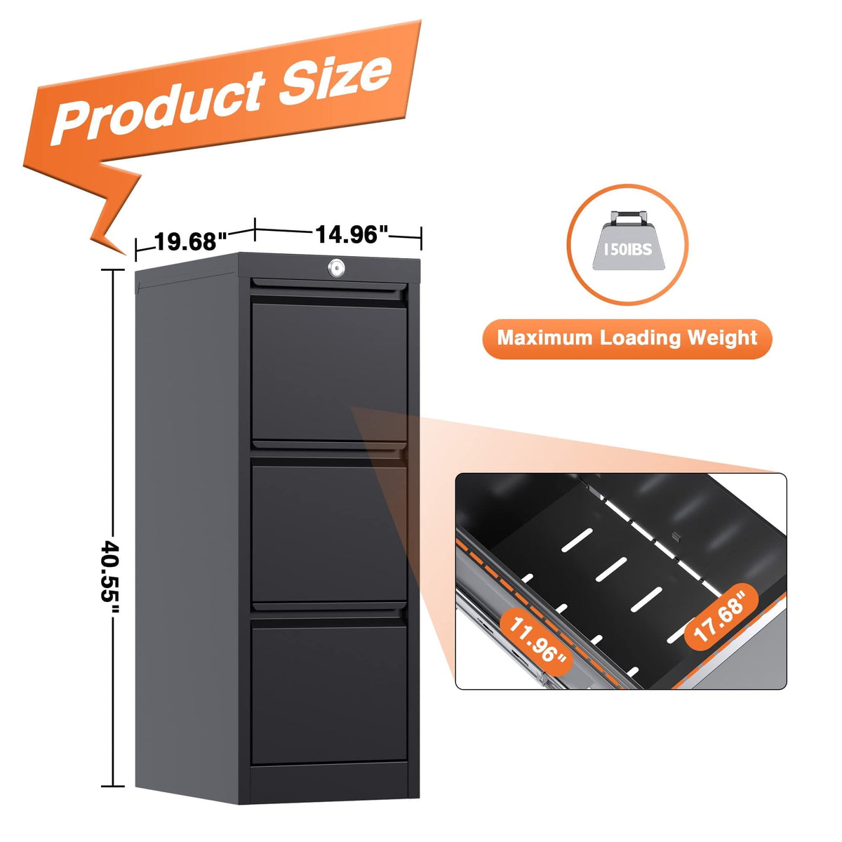 Aobabo 3 Drawer Metal Lateral File Cabinet with Wheels & Shelf , Wide Filing Cabinet with Lock for Office,Home,School,Garage,Fit A4/Letter/Legal File,Required-Assembly,Black