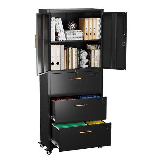 Aobabo 3 Drawer Metal Lateral File Cabinet with Wheels & Shelf , Wide Filing Cabinet with Lock for Office,Home,School,Garage,Fit A4/Letter/Legal File,Required-Assembly,Black