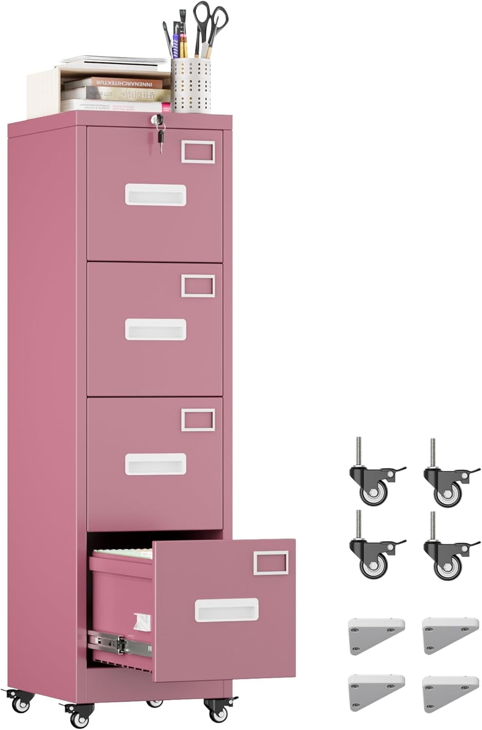 Aobabo 3 Drawer Metal Lateral File Cabinet with Wheels & Shelf , Wide Filing Cabinet with Lock for Office,Home,School,Garage,Fit A4/Letter/Legal File,Required-Assembly,Black