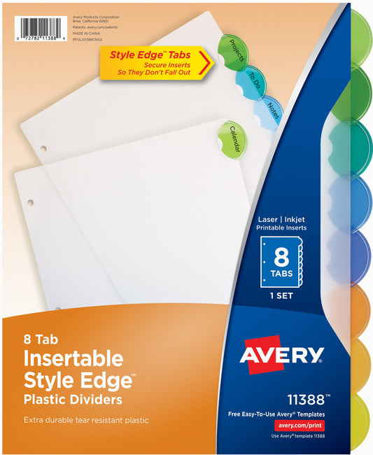 Avery Insertable Divider, Style Edge, 8-Tab, Plastic, Printable Inserts, Multicolor Tabs, 1 Set