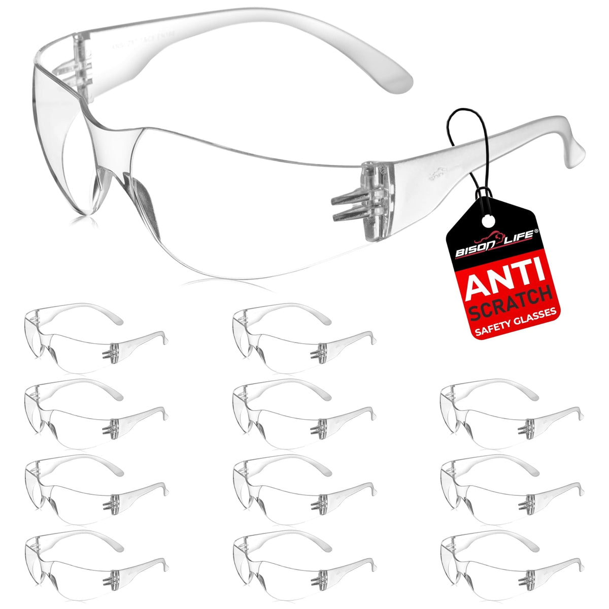Bison Life Clear Safety Glasses, Pack of 12, ANSI Z87.1 Scratch & Impact Resistant, Polycarbonate Lens, One Size, Wrap Around Eyewear