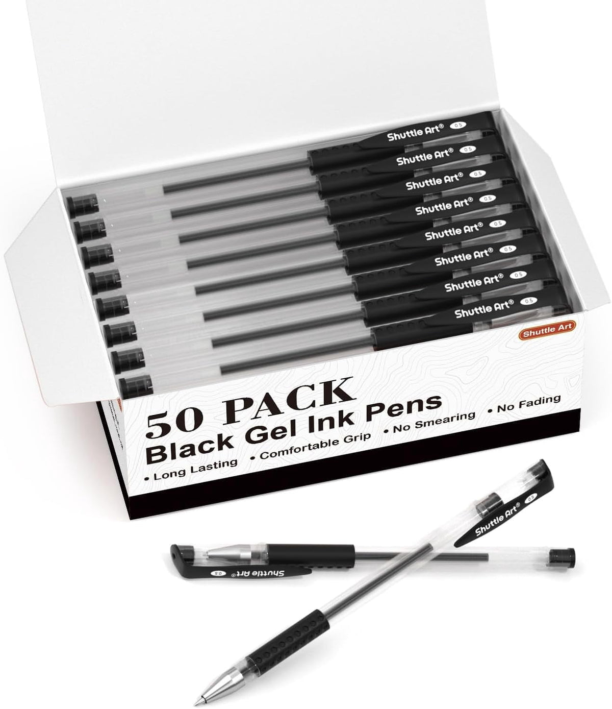 Permanent Black Gel Pens, Shuttle Art 50 Pack Fine Point Black Ink Pens Bulk, 0.5mm Rollerball Gel Ink Pens Smooth Writing with Comfortable Grip for Office