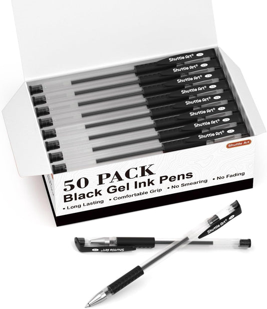 Permanent Black Gel Pens, Shuttle Art 50 Pack Fine Point Black Ink Pens Bulk, 0.5mm Rollerball Gel Ink Pens Smooth Writing with Comfortable Grip for Office