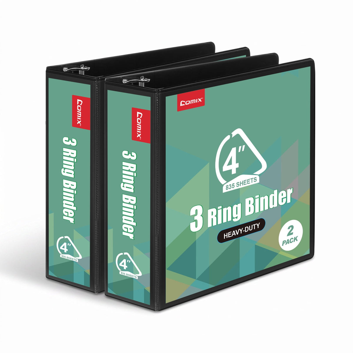 Comix Heavy-duty 4 Inch 3 Ring Binder with Clear Cover,D Ring, 835 Sheets Capacity, Office School Supplies, 2-Pack Black