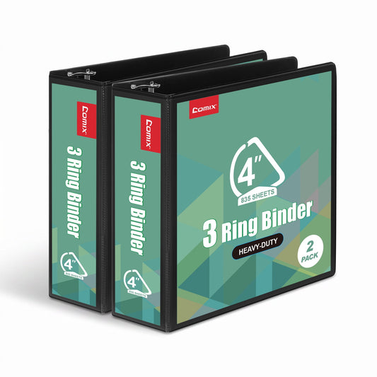 Comix Heavy-duty 4 Inch 3 Ring Binder with Clear Cover,D Ring, 835 Sheets Capacity, Office School Supplies, 2-Pack Black