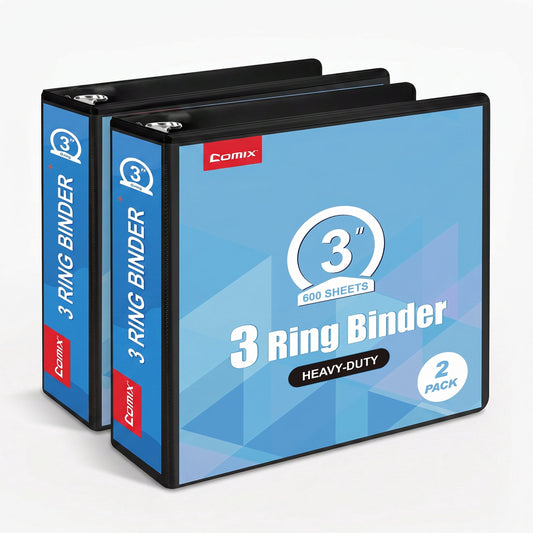 Comix Heavy-duty 3 inch 3 Ring Binder with Clear Cover, Round Ring, 600 Sheets Capacity, Office School Supplies, 2-Pack Black