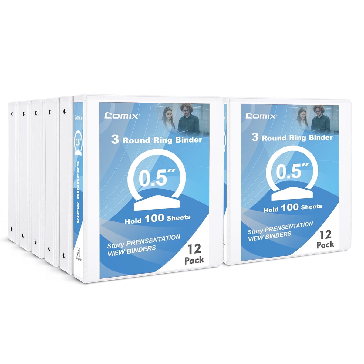 Comix Sturdy 1/2 inch 3 Ring Binder,0.5 inch Round Ring , 100 Sheets Capacity, 12 Pack Black 2mm-thick