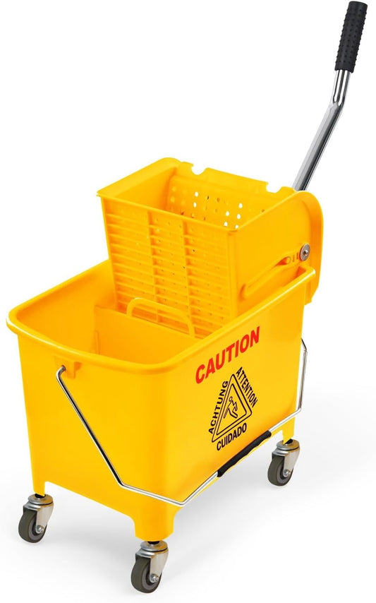 Commercial Mop Bucket with Wringer on Wheels, Heavy Duty Dual Chamber Industrial Mop Bucket Separate Dirty Water, Perfect for Business Household, Small 20 Quart Yellow