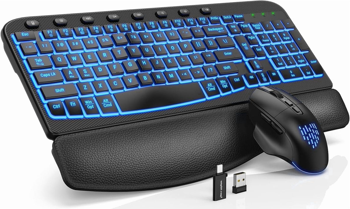 Wireless Keyboard and Mouse Combo - Ergonomic Wave Rechargeable Keyboard with Soft Leather Wrist Rest, RGB Backlit -Black