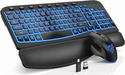 Wireless Keyboard and Mouse Combo - Ergonomic Wave Rechargeable Keyboard with Soft Leather Wrist Rest, RGB Backlit -Black