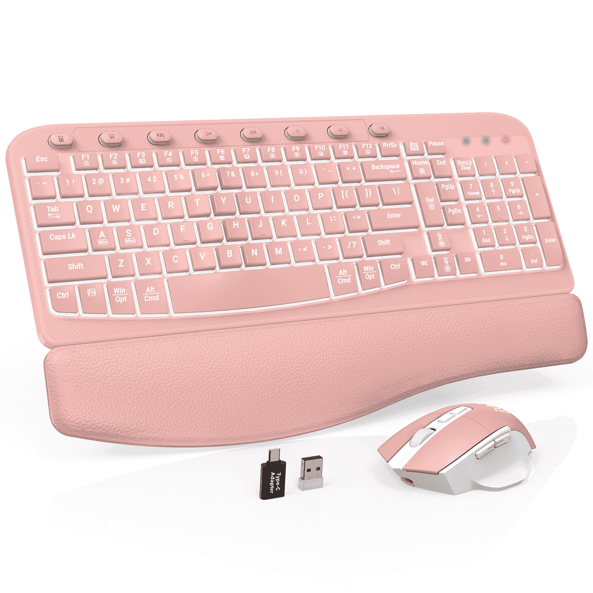 Wireless Keyboard and Mouse Combo - Ergonomic Wave Rechargeable Keyboard with Soft Leather Wrist Rest, RGB Backlit -Black