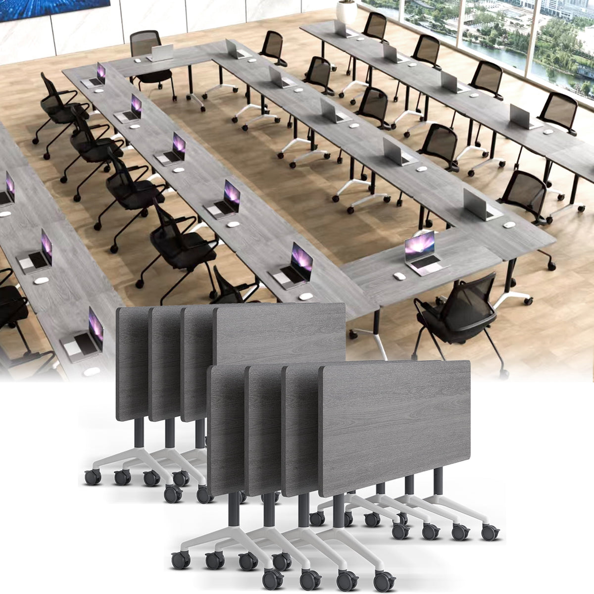 Folding Conference Table with Wheels, Modular Flip Top Meeting Desk, Commercial Training Table for Office Classroom(8,Black 2,61" D X 19.6" W X 29.5" H)