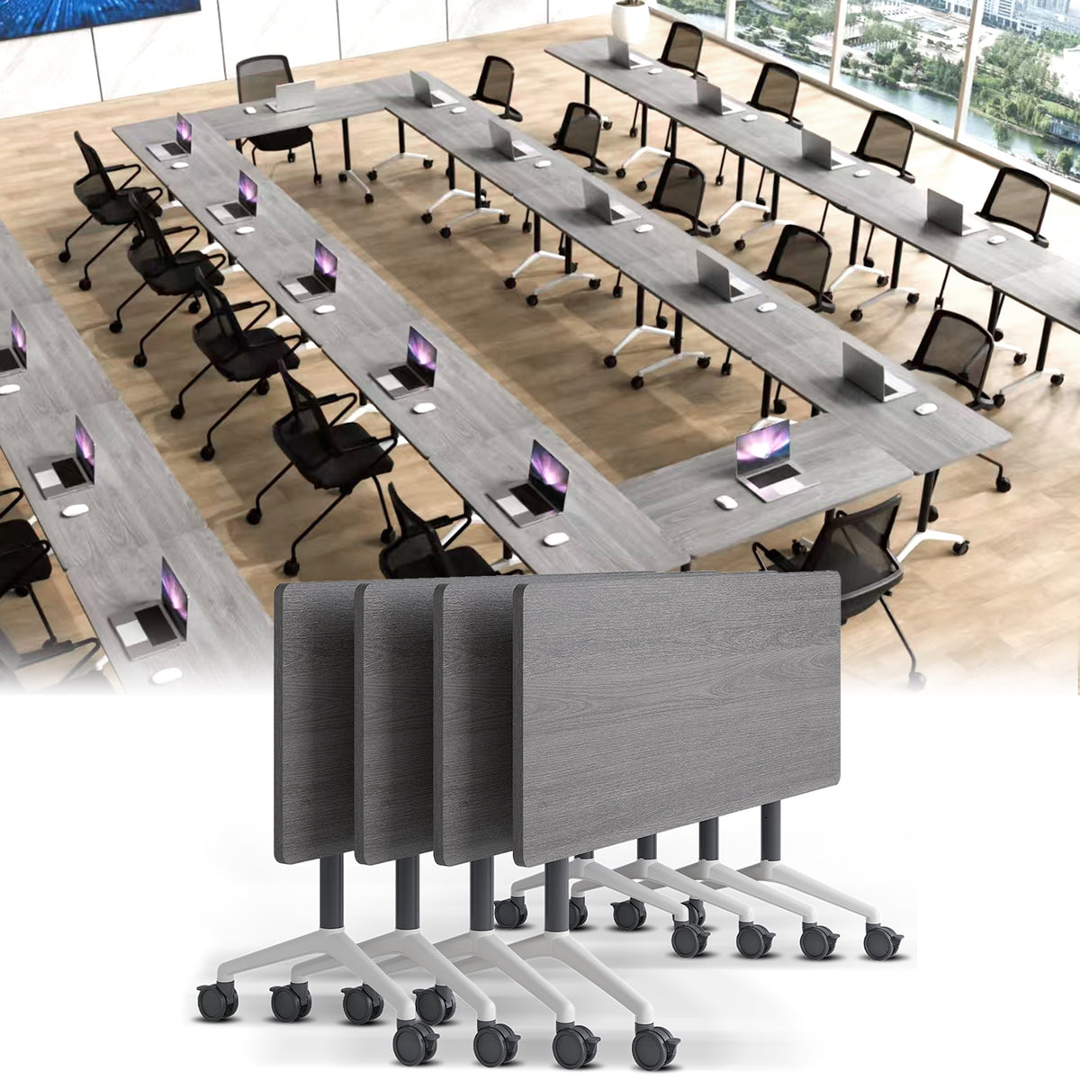 Folding Conference Table with Wheels, Modular Flip Top Meeting Desk, Commercial Training Table for Office Classroom(8,Black 2,61" D X 19.6" W X 29.5" H)