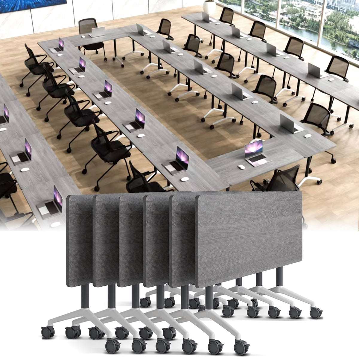 Folding Conference Table with Wheels, Modular Flip Top Meeting Desk, Commercial Training Table for Office Classroom(8,Black 2,61" D X 19.6" W X 29.5" H)