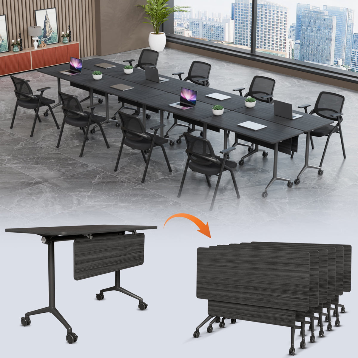 Folding Conference Table with Wheels, Modular Flip Top Meeting Desk, Commercial Training Table for Office Classroom(8,Black 2,61" D X 19.6" W X 29.5" H)