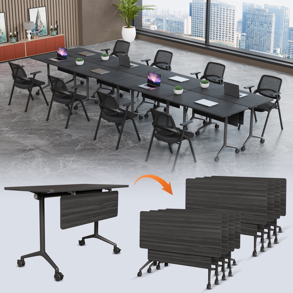 Folding Conference Table with Wheels, Modular Flip Top Meeting Desk, Commercial Training Table for Office Classroom(8,Black 2,61" D X 19.6" W X 29.5" H)