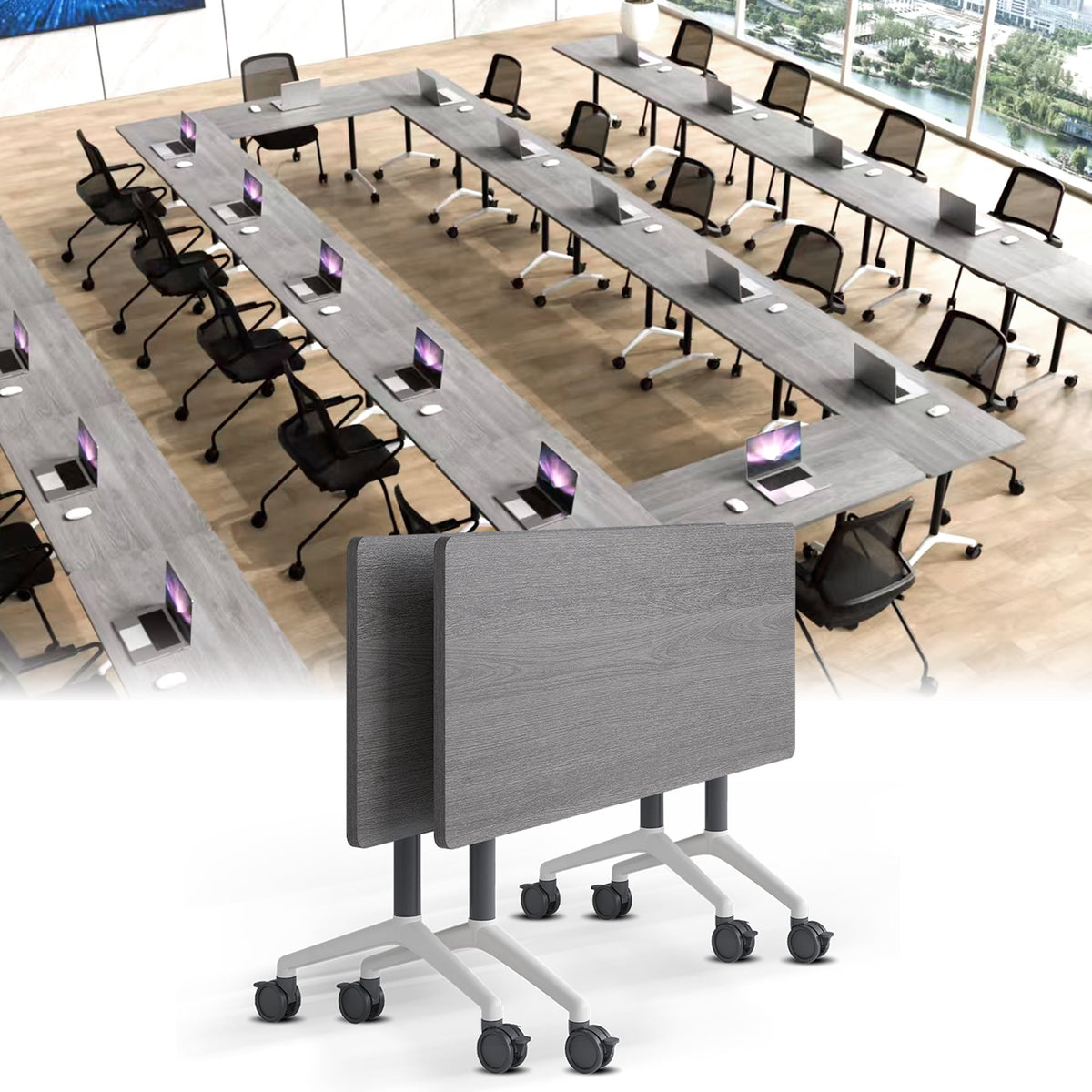 Folding Conference Table with Wheels, Modular Flip Top Meeting Desk, Commercial Training Table for Office Classroom(8,Black 2,61" D X 19.6" W X 29.5" H)