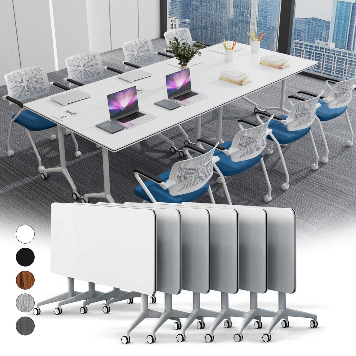 Folding Conference Table with Wheels, Modular Flip Top Meeting Desk, Commercial Training Table for Office Classroom(8,Black 2,61" D X 19.6" W X 29.5" H)