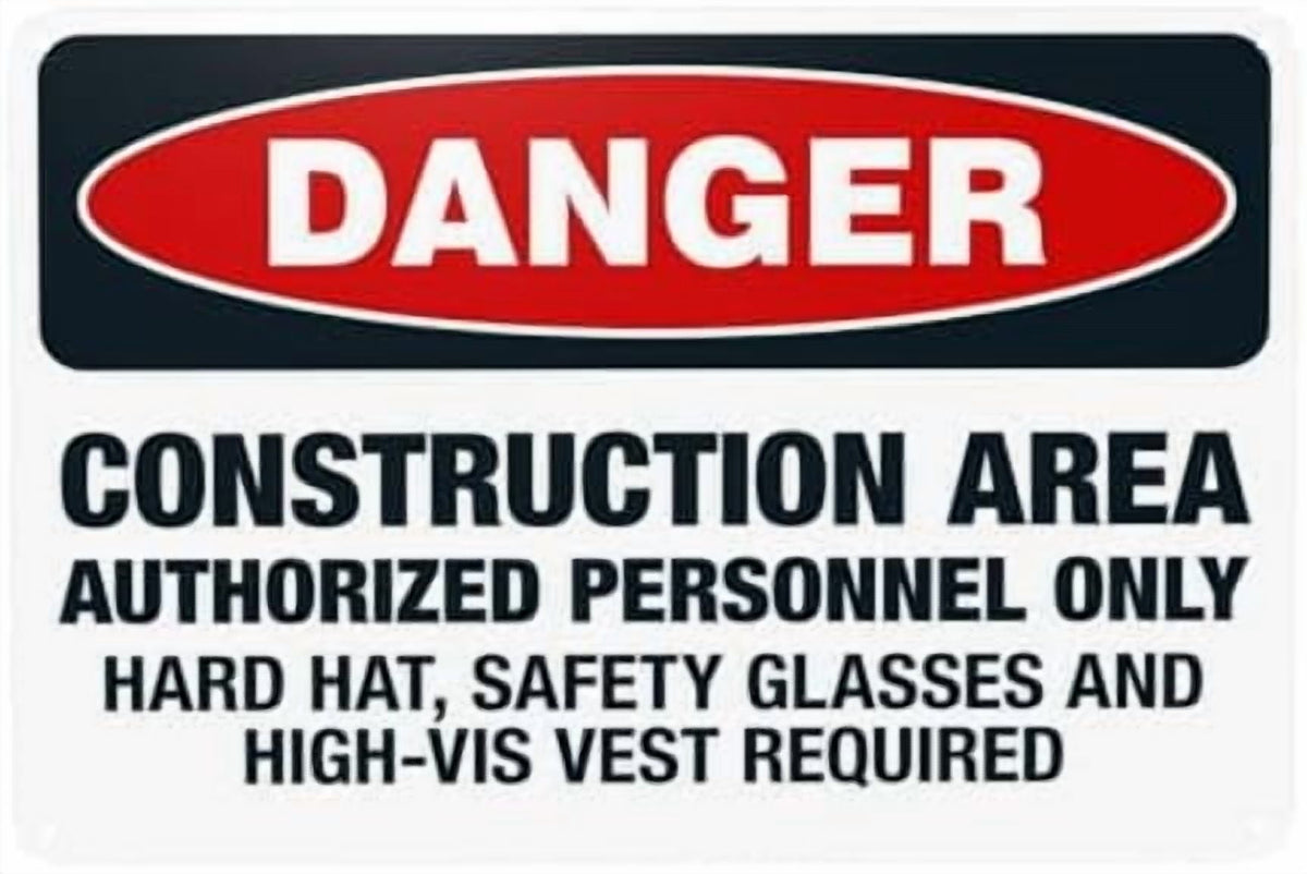 Glasses Shoes And Hard Hats Required When Working Warning Sign, Construction Metal Signs for Business Home Garage Street Wall Caution Custom Decor 8 x 12 Inch