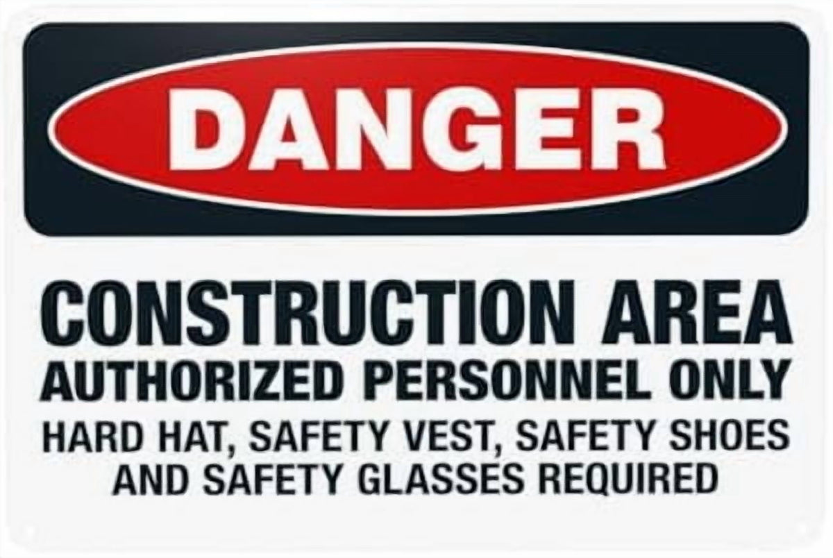 Glasses Shoes And Hard Hats Required When Working Warning Sign, Construction Metal Signs for Business Home Garage Street Wall Caution Custom Decor 8 x 12 Inch