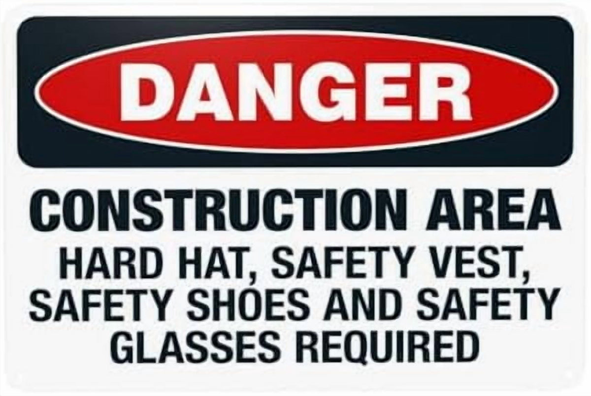 Glasses Shoes And Hard Hats Required When Working Warning Sign, Construction Metal Signs for Business Home Garage Street Wall Caution Custom Decor 8 x 12 Inch