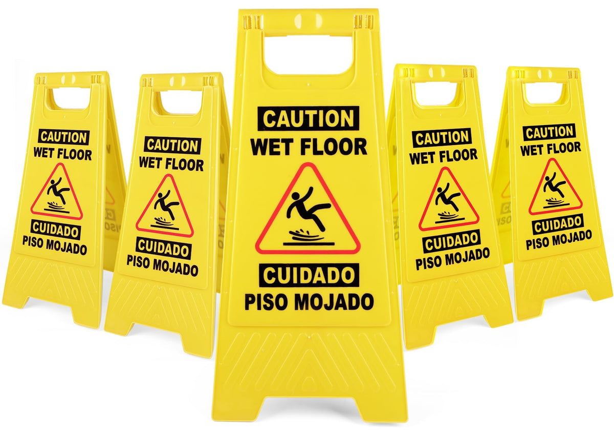 DIYMAG 5 Pack Caution Wet Floor Sign, Foldable Sturdy Bilingual Double-Sided Safety Warning Signs for Commercial Use, Pool, 24 Inches, Yellow