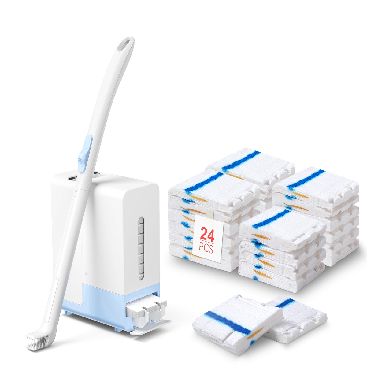Toilet Bowl Brush，Disposable Toilet Brush with Refill Heads, Wall-Mounted Cleaning System, Storage Caddy, and 24 Scrubbing Pads