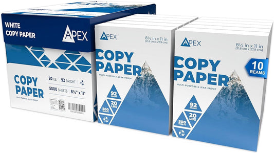 E-CLIPS USA Apex White Copy Paper 8.5” x 11” Multipurpose Printer Paper, 10 Reams Case
