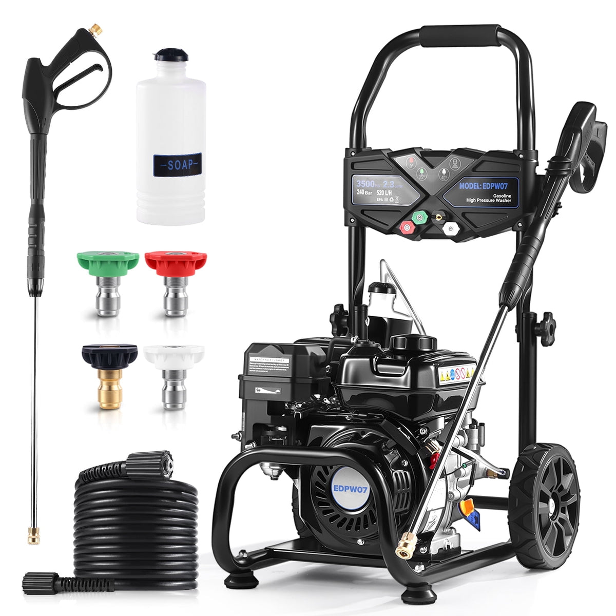 Efurden 3500PSI 2.3GPM Gas Pressure Washer, 209CC 7HP Engine, 4 Quick Connect Nozzles, 25FT Pressure Hose & Soap Tank