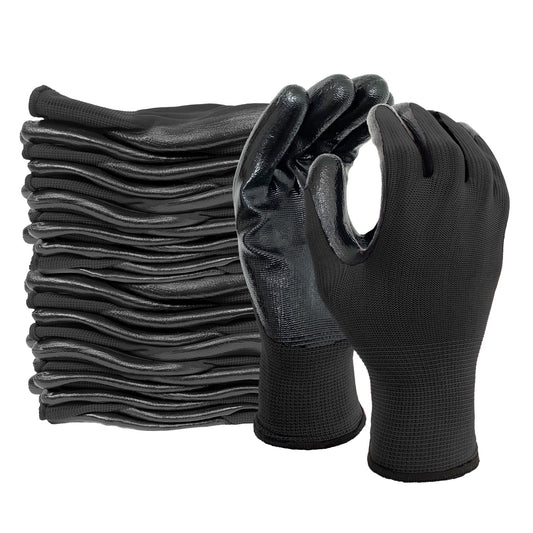 EvridWear 12 Pairs Lightweight Nitrile Coated Grip Work Gloves for Men Women Warehouse Mechanic, Black, Size 8/M