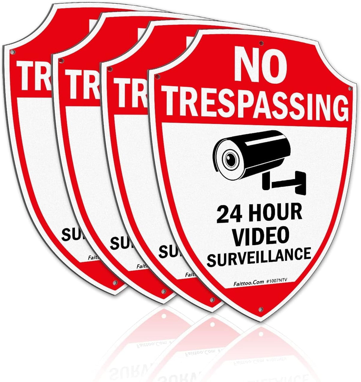 Faittoo No Trespassing Sign, Video Surveillance Signs Outdoor, 4-Pack, 9.6 x 6.8 Inch Reflective Aluminum Warning Sign for Home Business CCTV Security Camera, Weather/Fade Resistant, Shield Shape