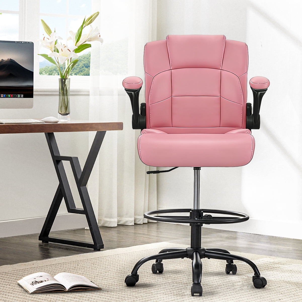 Fantasylab Tall Office Chair for Standing Desk, High Executive Leather Ergonomic Computer Chair with Adjustable Height and Flip-Up Armrest for Counter Height Desk, Black