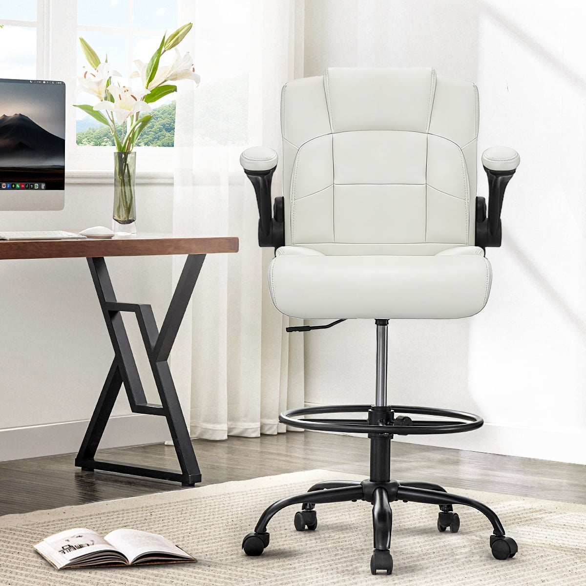 Fantasylab Tall Office Chair for Standing Desk, High Executive Leather Ergonomic Computer Chair with Adjustable Height and Flip-Up Armrest for Counter Height Desk, Black