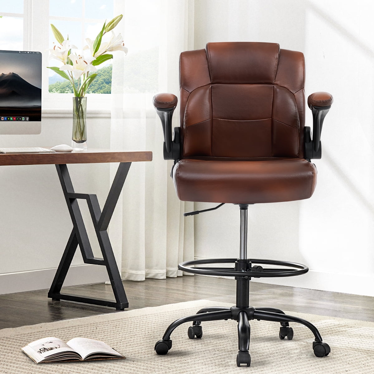 Fantasylab Tall Office Chair for Standing Desk, High Executive Leather Ergonomic Computer Chair with Adjustable Height and Flip-Up Armrest for Counter Height Desk, Black