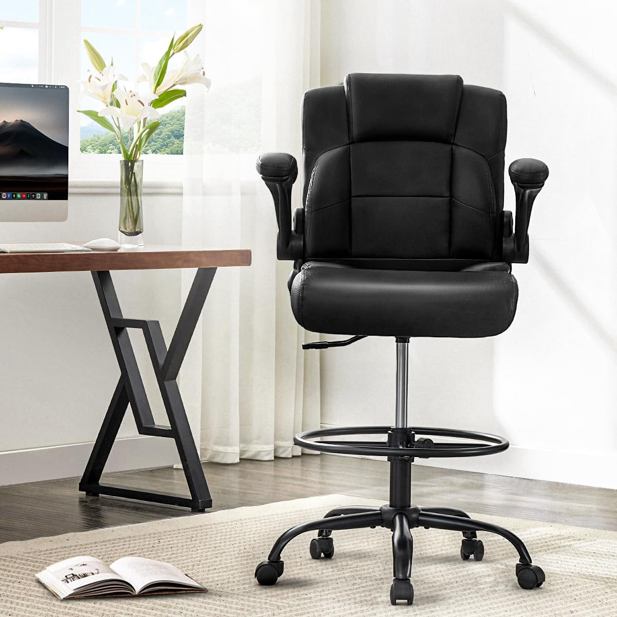 Fantasylab Tall Office Chair for Standing Desk, High Executive Leather Ergonomic Computer Chair with Adjustable Height and Flip-Up Armrest for Counter Height Desk, Black