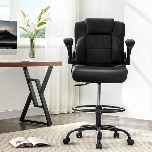 Fantasylab Tall Office Chair for Standing Desk, High Executive Leather Ergonomic Computer Chair with Adjustable Height and Flip-Up Armrest for Counter Height Desk, Black