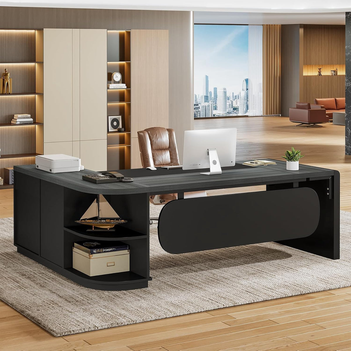 Finmind 80" L-Shaped Desk, Large Executive Office Desk with 55'' Drawers Cabinet