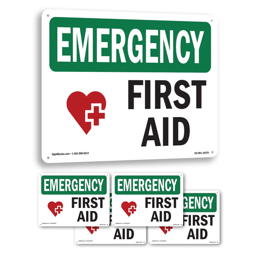 First Aid With Symbol OSHA Emergency Aluminum Sign 10 Inch x 7 Inch - 5 Pack