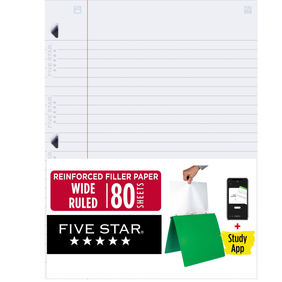 Five Star Reinforced Filler Paper Plus Study App, Wide Ruled, 8" x 10.5", 80 Sheets/Pack
